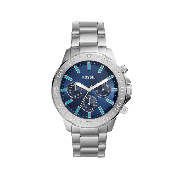 Fossil Bannon Multifunction Silver Stainless Steel Blue Dial Chronograph Quartz Watch for Gents - BQ2503