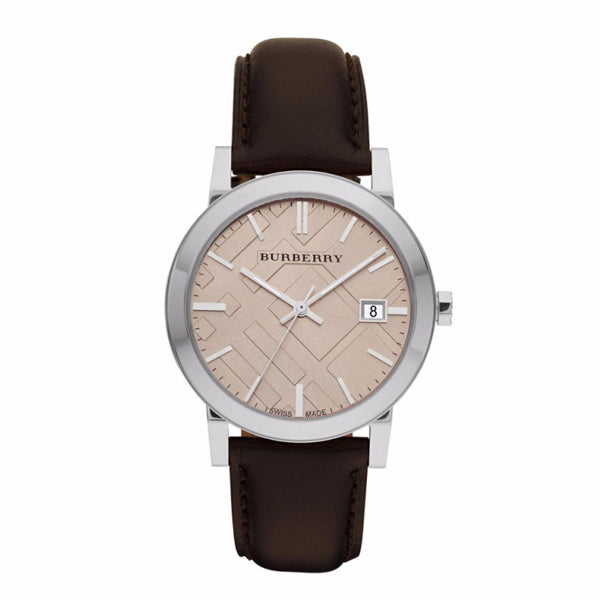 Close up Front view Burberry Heritage Brown Leather Strap Beige Dial Quartz Watch for Gents  with white background