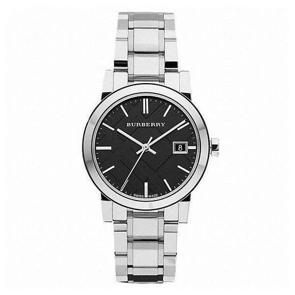 Close up front view Burberry Silver Stainless Steel Black Dial Quartz Watch for Ladies with white backround