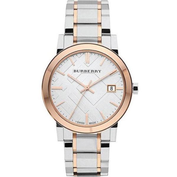 A Front Side view Burberry Two-tone Stainless Steel White Dial Quartz Watch for Ladies with White Background
