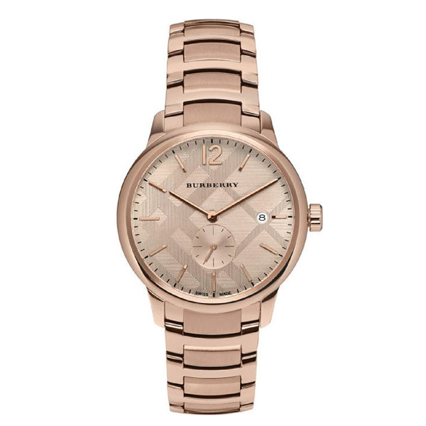 Closeup fornt side view Burberry Rose gold Stainless Steel Rose Gold Dial Quartz Watch for Ladies with white background