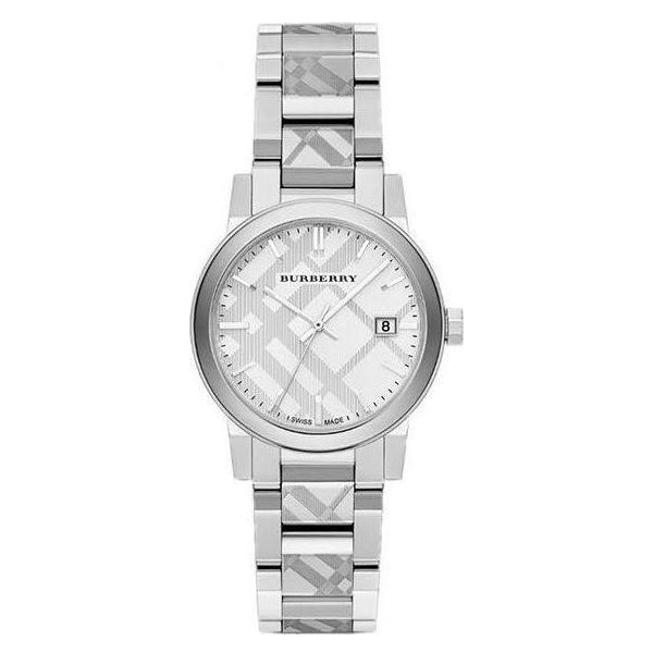 Front side view Burberry Silver Stainless Steel Silver Dial Quartz Watch for Ladies with white background