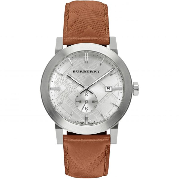 A front look Burberry City Brown Leather Strap Silver Dial Chronograph Quartz Watch for Gents 