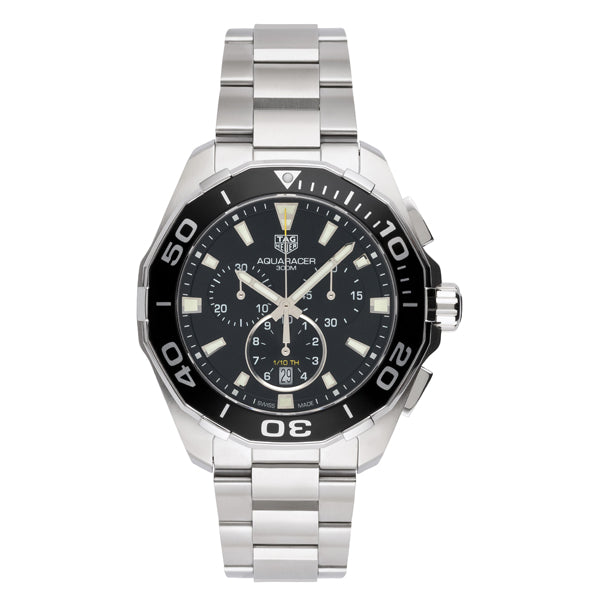 Tag Heuer Aquaracer Silver Stainless Steel Black Dial Chronograph Quartz Watch for Gents CAY111ABA0927