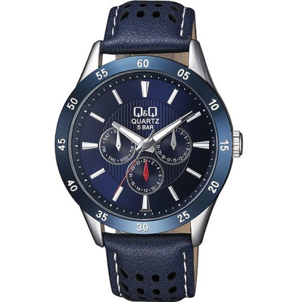 Q&Q Blue Leather Strap Blue Dial Quartz Watch for Gents - CE02J502
