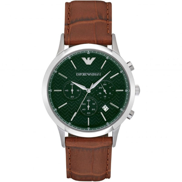 EMPORIO ARMANI Renato Brown Leather Strap Green Dial Chronograph Quartz Watch for Gents EMPORIO ARMANI AR2493