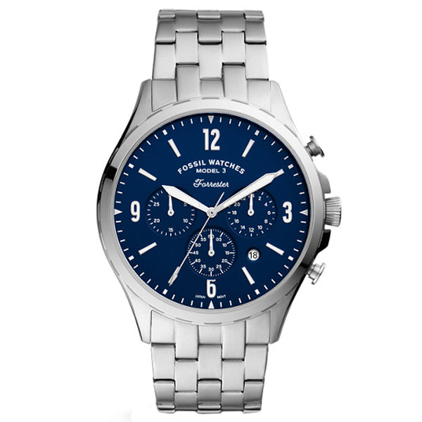 Fossil Forrester Silver Stainless Steel Blue Dial Chronograph Quartz Watch for Gents - FS5605