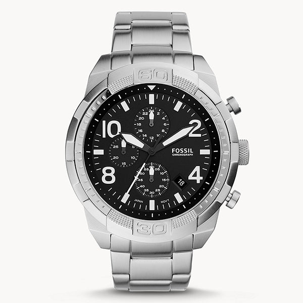 Fossil Bronson Silver Stainless Steel Black Dial Chronograph Quartz Watch for Gents - FS5710