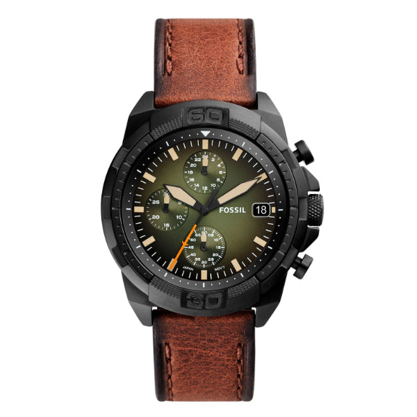 Fossil Bronson Brown Leather Strap Green Dial Chronograph Quartz Watch for Gents - FS5856