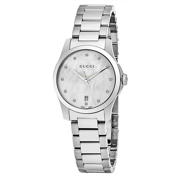 Gucci G-Timeless Silver Stainless Steel Mother of Pearl Dial Quartz Watch for Ladies- GUCCI YA126542