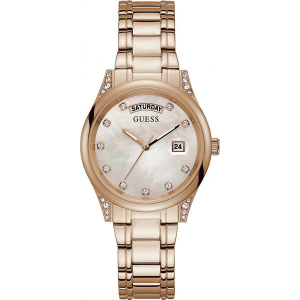 Guess Aura Gold Stainless Steel Mother of pearl Dial Quartz Watch for Ladies - GW0047L2