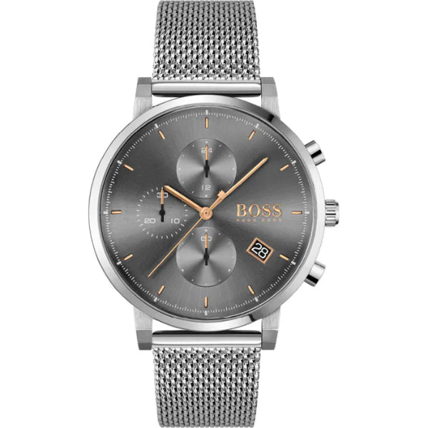 HUGO BOSS Integrity Silver Mesh Bracelet Black Dial Chronograph Quartz Watch for Gents - 1513807