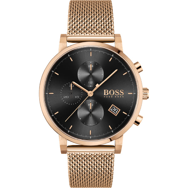 HUGO BOSS Integrity Gold Mesh Bracelet Black Dial Chronograph Quartz Watch for Gents - 1513808