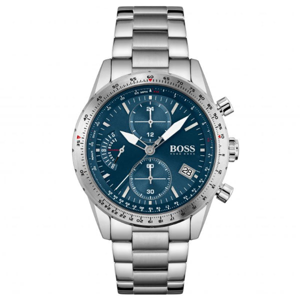 HUGO BOSS Pilot Edition Silver Stainless Steel Blue Dial Chronograph Quartz Watch for Gents - 1513850