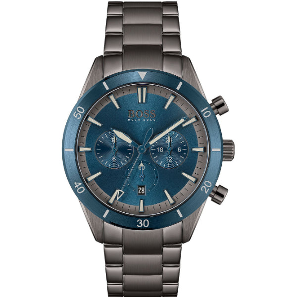 HUGO BOSS Santiago Grey Stainless Steel Blue Dial Chronograph Quartz Watch for Gents - 1513863
