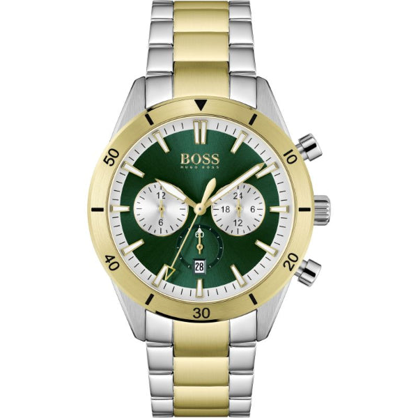 HUGO BOSS Santiago Two-Tone Stainless Steel Green Dial Chronograph Quartz Watch for Gents - 1513872