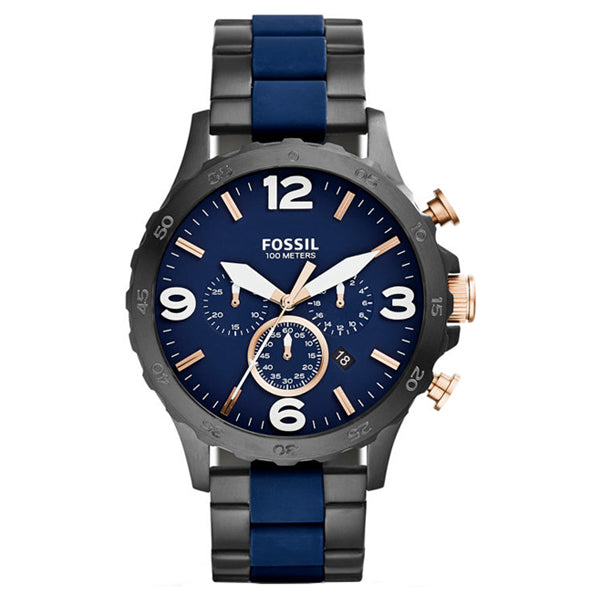Fossil Nate Two-tone Stainless Steel Blue Dial Chronograph Quartz Watch for Gents - JR1494