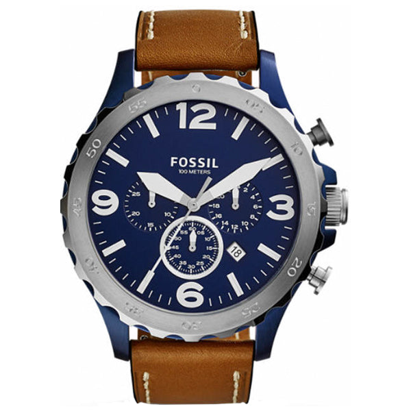 Fossil Nate Brown Leather Strap Blue Dial Chronograph Quartz Watch for Gents JR1504