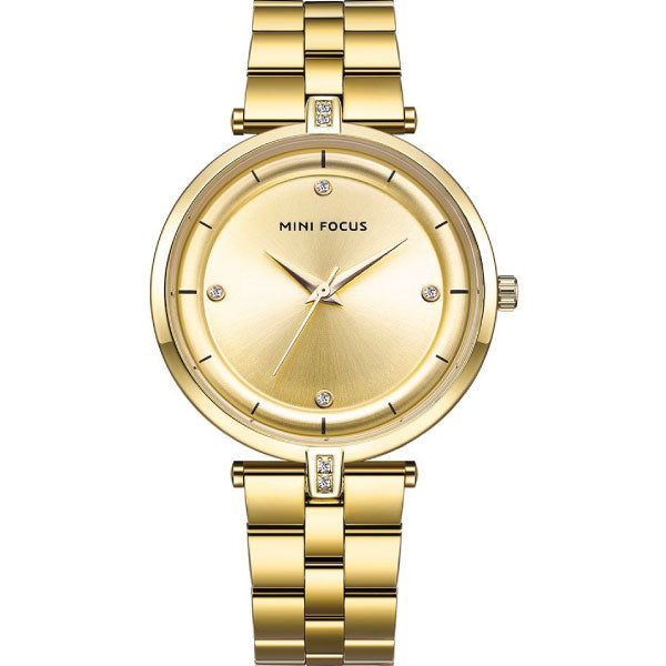 Mini Focus Gold Stainless Steel Gold Dial Quartz Watch for Ladies