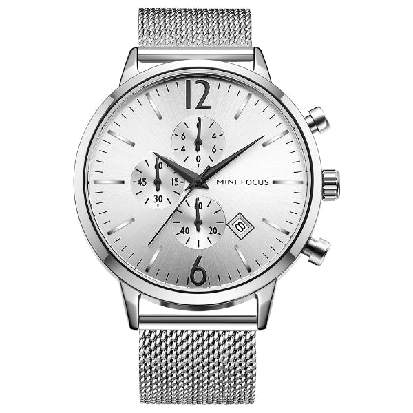 Mini Focus Silver Mesh Bracelet Silver Dial Chronograph Quartz