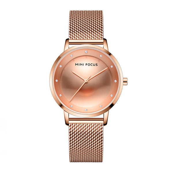 Mini Focus Rose Gold Mesh Bracelet Rose Gold Dial Quartz Watch for
