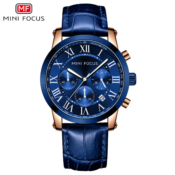 Mini Focus Blue Leather Strap Blue Dial Chronograph Quartz Watch for Gents - MF0415G-03