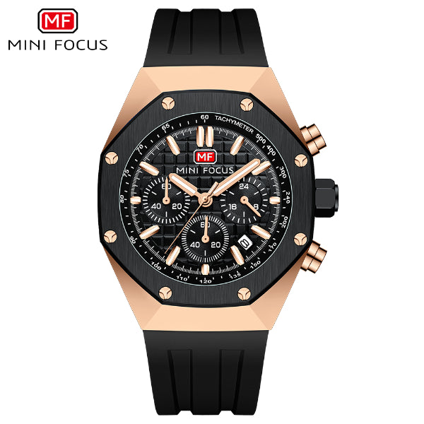 Mini Focus Black Silicone Strap Strap Black Dial Chronograph Quartz Watch for Gents - MF0417G-01