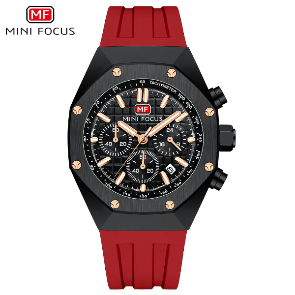 Mini Focus Red Silicone Strap Strap Black Dial Chronograph Quartz Watch for Gents - MF0417G-03