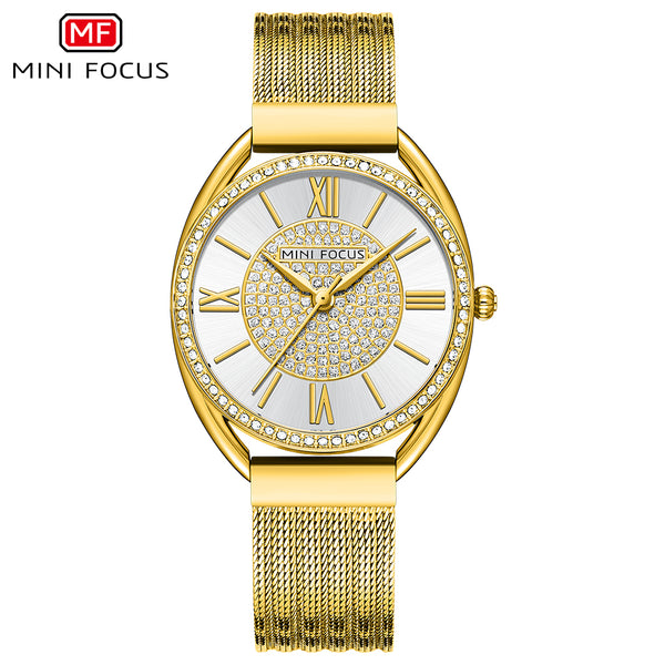 Mini Focus Gold Mesh Bracelet White Dial Quartz Watch for Ladies - MF0425L-02