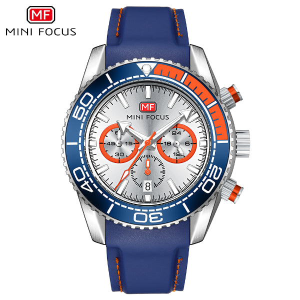 Mini Focus Blue Leather Strap Silver Dial Chronograph Quartz Watch for Gents - MF0426G-01
