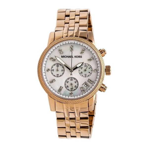 Michael Kors Damen Rose Gold Stainless Steel Silver Dial Chronograph Quartz Watch for Ladies - MK5026
