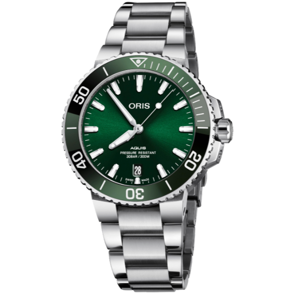 Oris Aquis Date Silver Stainless Steel Green Dial Automatic Watch for Gents 01.733.7730.4157