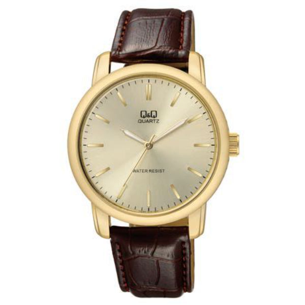 Q&Q Brown Leather Strap Gold Dial Quartz Watch for Gents - Q868J100