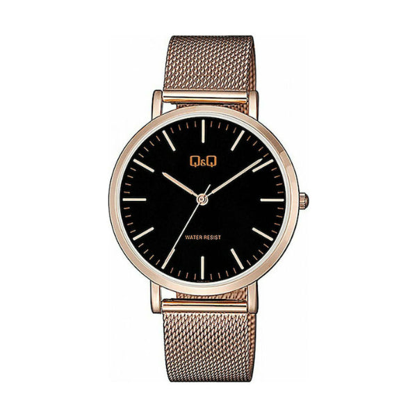 Q&Q Rose Gold Mesh Bracelet Black Dial Quartz Watch for Gents - QA20J022