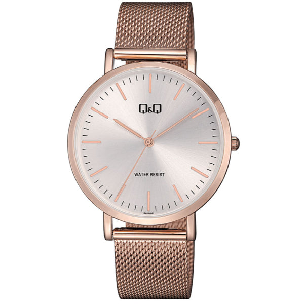Q&Q Rose Gold Mesh Bracelet Silver Dial Quartz Watch for Gents - QA20J051