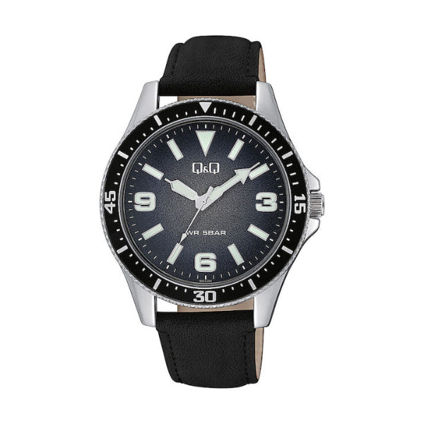 Q&Q Black Leather Strap Black Dial Quartz Watch for Gents - QB64J325