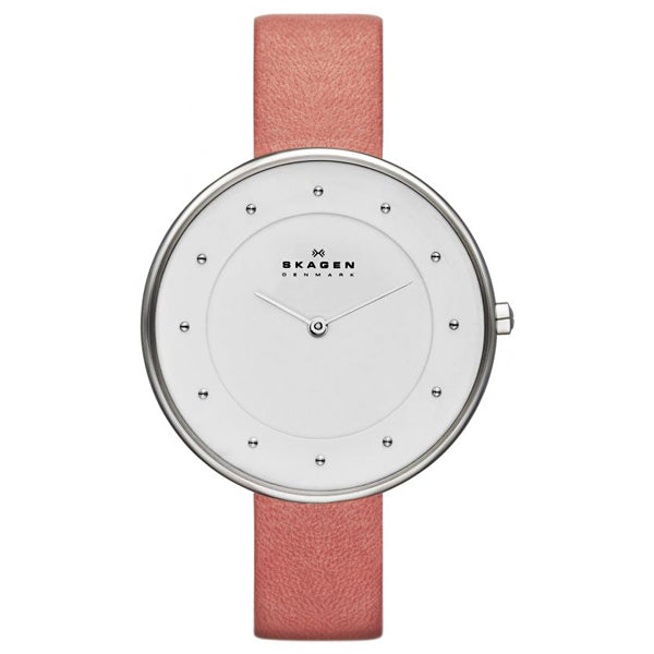 Skagen Gitte Pink Leather Strap White Dial Quartz Watch for Ladies - SKW2135