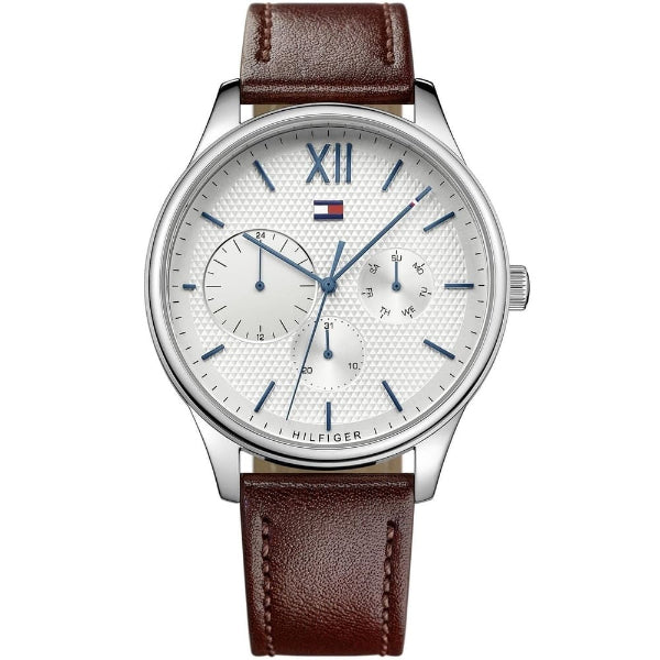 Tommy Hilfiger Damon Brown Leather Strap White Dial Quartz Watch for Gents - 1791418
