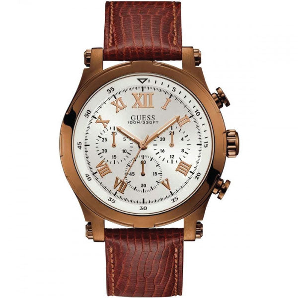 Guess Anchor Brown Leather Strap Silver Dial Chronograph Quartz Watch for Gents - W1105G2