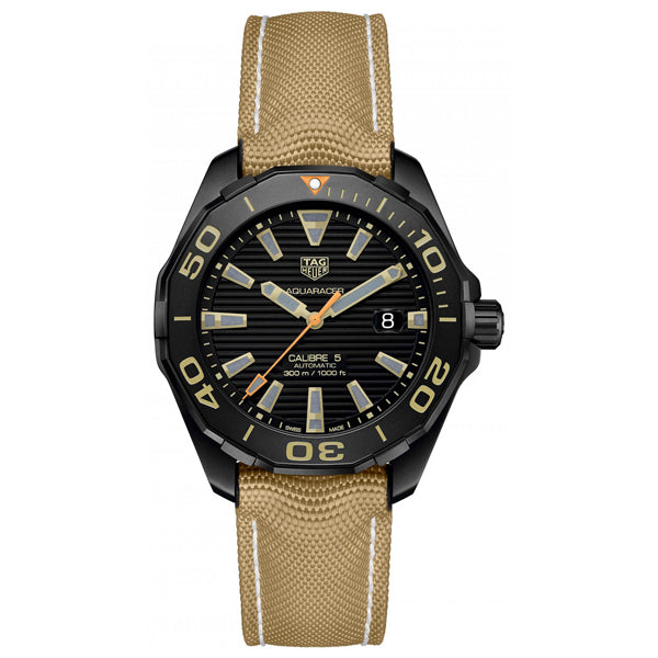 Tag Heuer Aquaracer Brown Leather Strap Black Dial Quartz Watch for Gents - WAY208CFC6383
