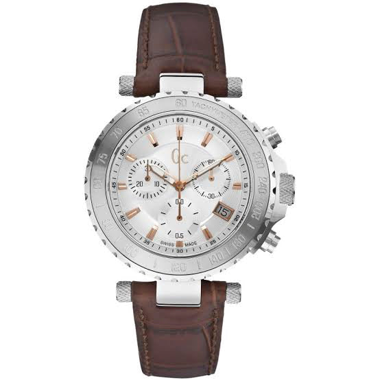 Guess Collection Brown Leather Strap Silver Dial Chronograph Quartz Watch for Gents - X58005G1