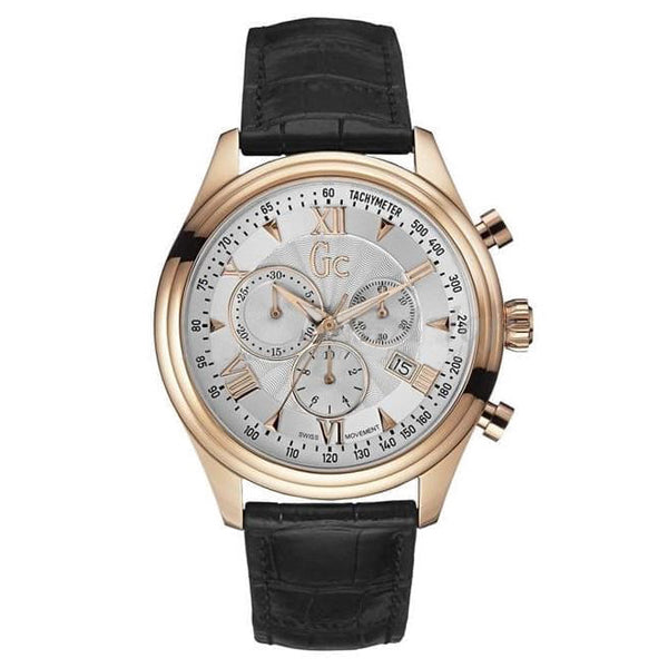 Guess Collection Black Leather Strap Silver Dial Chronograph Quartz Watch for Gents - Y04004G1