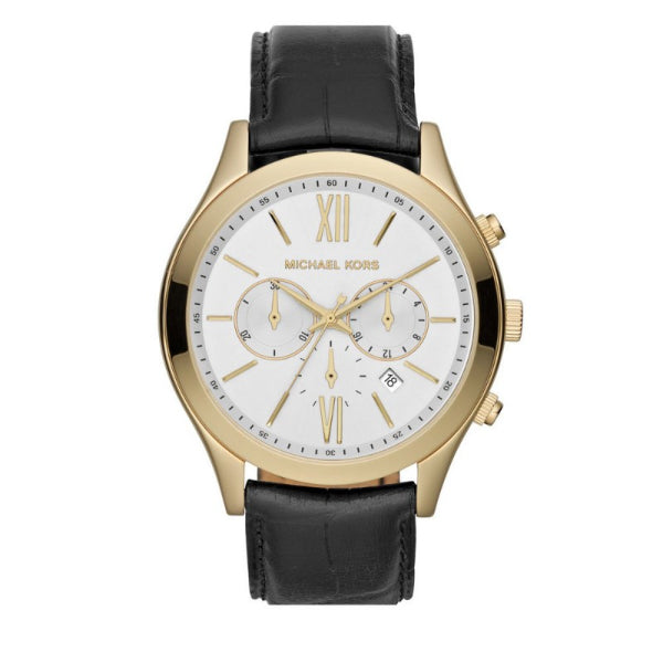 Michael Kors Brookton Black Leather Strap White Dial Chronograph Quartz Watch for Ladies - MK8308