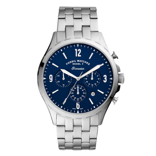 Fossil Forrester Silver Stainless Steel Blue Dial Chronograph Quartz Watch for Gents - FS5605
