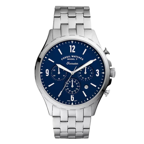 Fossil Forrester Silver Stainless Steel Blue Dial Chronograph Quartz Watch for Gents - FS5605