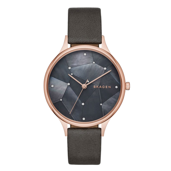 Skagen Anita Black Leather Strap Mother of pearl Dial Quartz Watch for Ladies - SKW2390