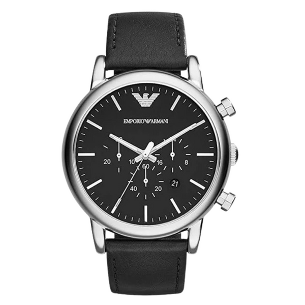 EMPORIO ARMANI Classic Black Leather Strap Black Dial Chronograph Quartz Watch for Gents - AR1828