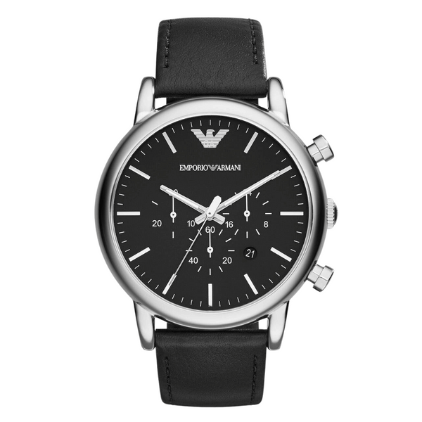 EMPORIO ARMANI Classic Black Leather Strap Black Dial Chronograph Quartz Watch for Gents - AR1828
