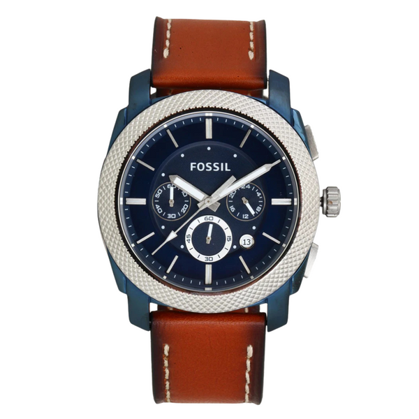 Fossil Machine Brown Leather Strap Blue Dial Chronograph Quartz Watch for Gents - FS5232