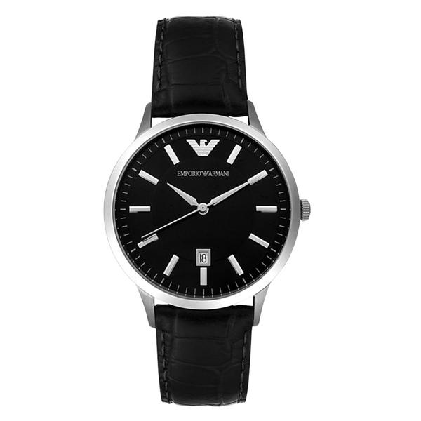 EMPORIO ARMANI Classic Black Leather Strap Black Dial Quartz Watch for Gents - AR2429